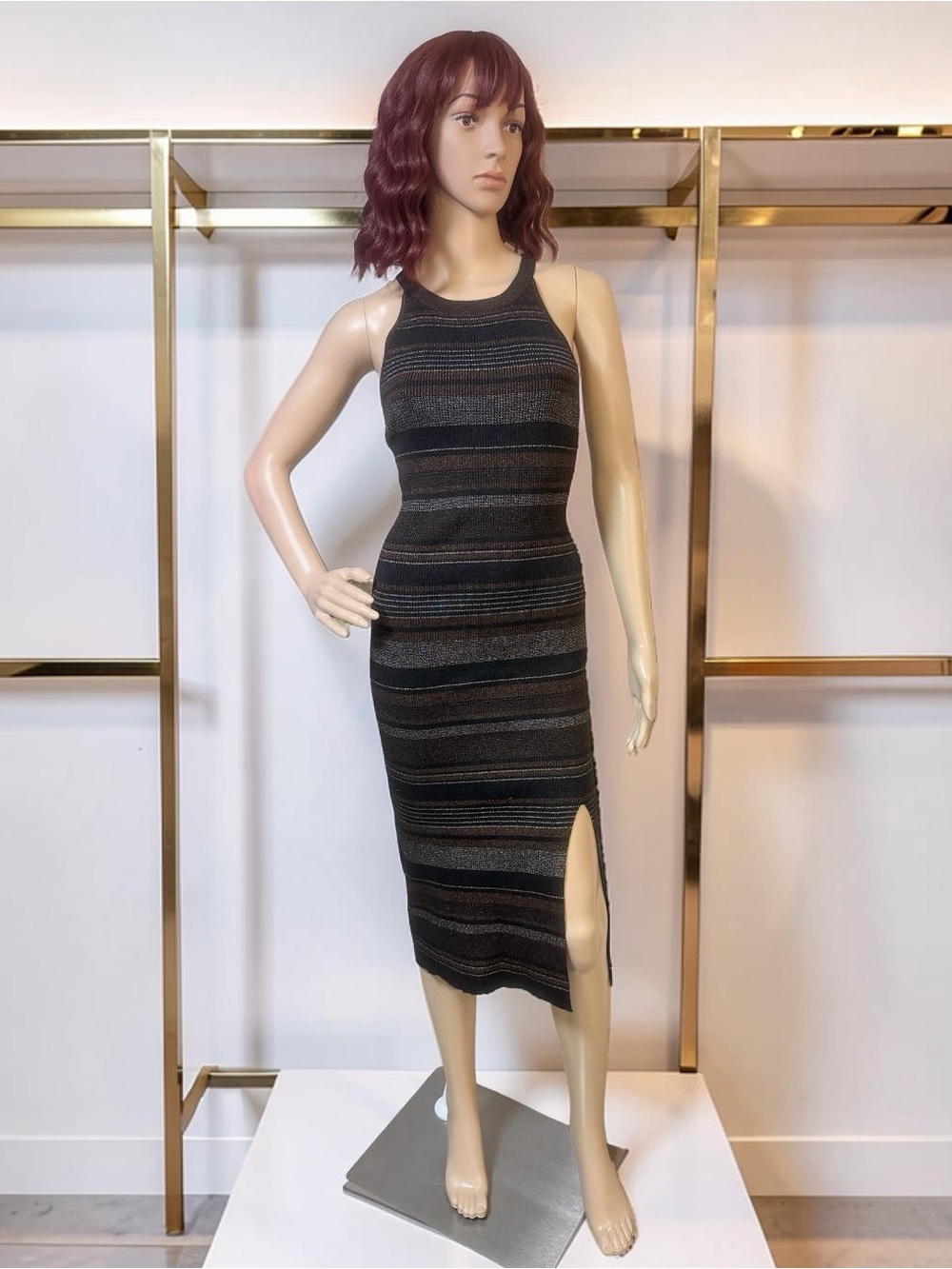 House of Harlow 1960 Sz S Black & Metallic Striped Knit Sleeveless Midi (0836)